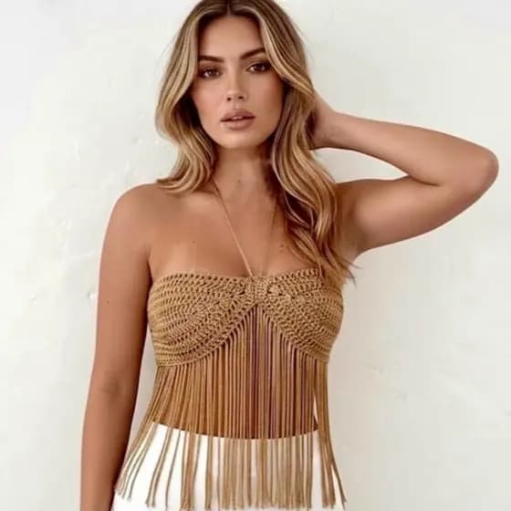 Cropped Top de Crochê Franja Brilho Fio Encanto