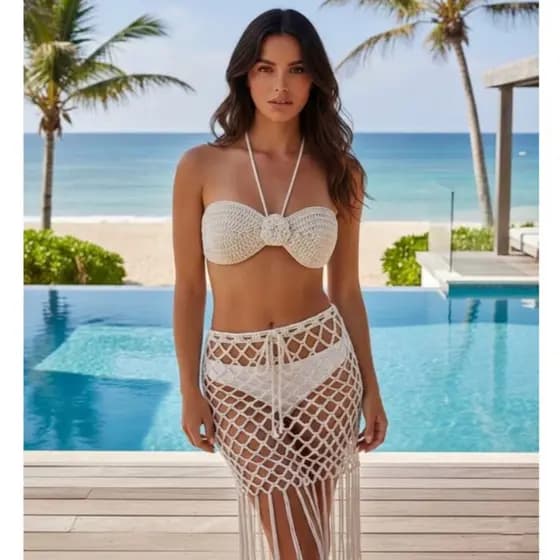 Conjunto Crochê Artesanal Feminino Top em Flor e Saia Franja Moda Praia