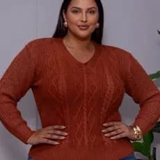 Suéter em Tricot Plus Size Blusa em Decote V Trançada Moda Inverno 2026
