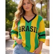 Blusa Tricot Estilo Brasil Verde e Amarelo em Decote V Lançamento 2026