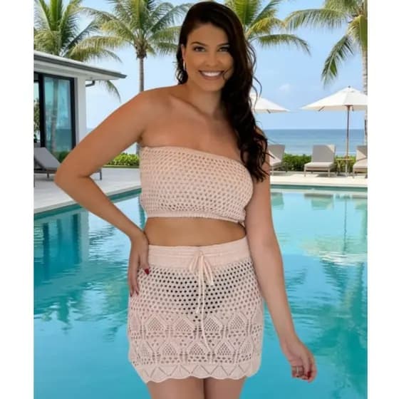Conjunto Saída De Praia Verão Top Cropped Saia Feminino Crochê Tricô