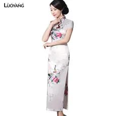 Pavão Estampado Feminino Chinês Longo Cheongsam Dama De Honra Vestido De Noite De Manga Curta