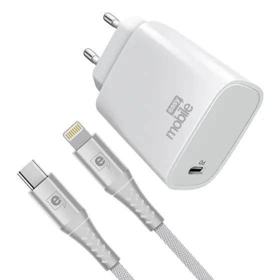 Kit Carregador iPhone 14, 13, 12, 11 com Cabo USB-C Lightning MFi, 25W PD, Carrega 50% em 30 min, 1,5 metro, Easy Mobile