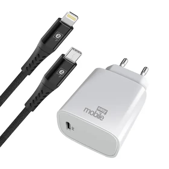 Kit Carregador para iPhone 11, 12, 13 e 14, inclui Carregador PD 25W PD + Cabo USB-C Lightning MFi, 1,5m, Easy Mobile