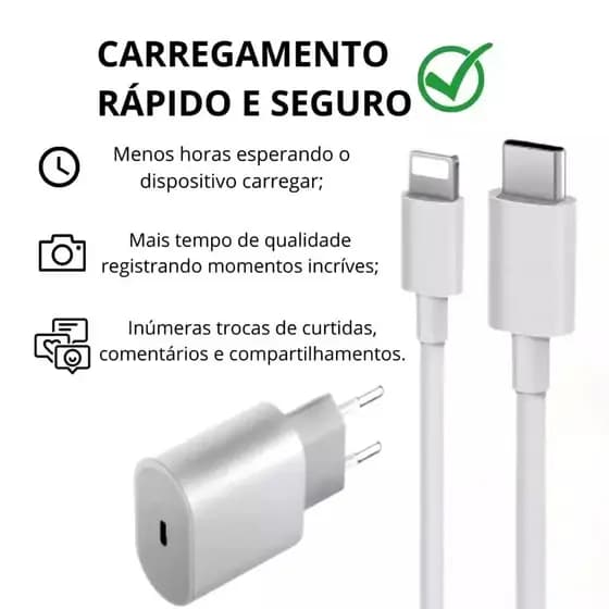 Carregador iPhone Turbo Tipo-C 20W + Cabo Lightining para IPhone Carga rápida