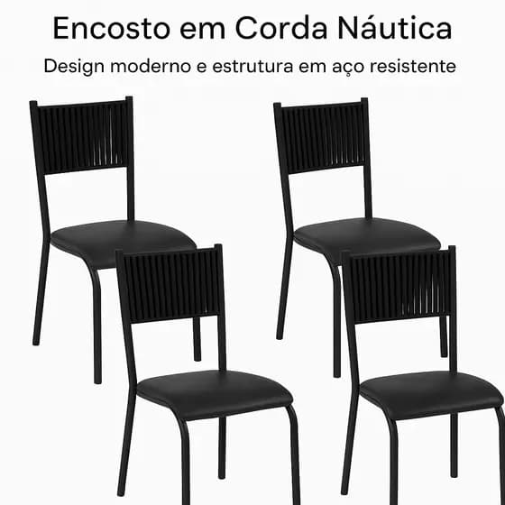 Conjunto Corda Náutica de 4 Cadeiras Tubular Premium Encosto Preto