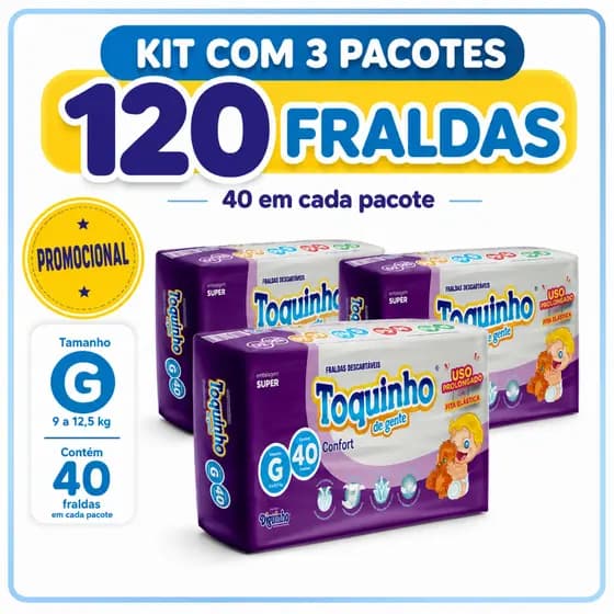 Kit c/ 132 Fraldas Bebê Toquinho Tam M