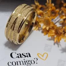 Aliança de Casamento Jateada com Friso Ondular e Diamantada Aço Inox Larga 8mm