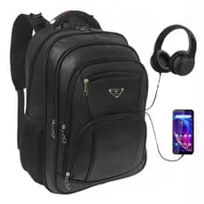 Mochila Couro Notebook Executiva Escola Impermeável Resistente Cadeado Costura Reforçada USB/Fone