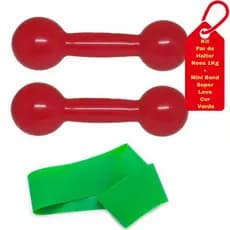 Halter Par Bola Emborrachado 1 Kg Rosa + Mini Band Faixa Elástica Super Leve Verde