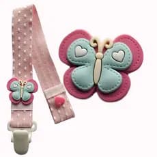 Prendedor de chupeta Borboleta Rosa Menina Bebê Com Apliques Presilha Resistente Angu Bebê