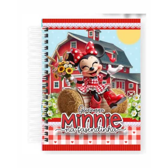 Caderno Universitário Minnie Fazendinha Personalizado Nome Escolar Volta as Aulas Espiral Capa Dura