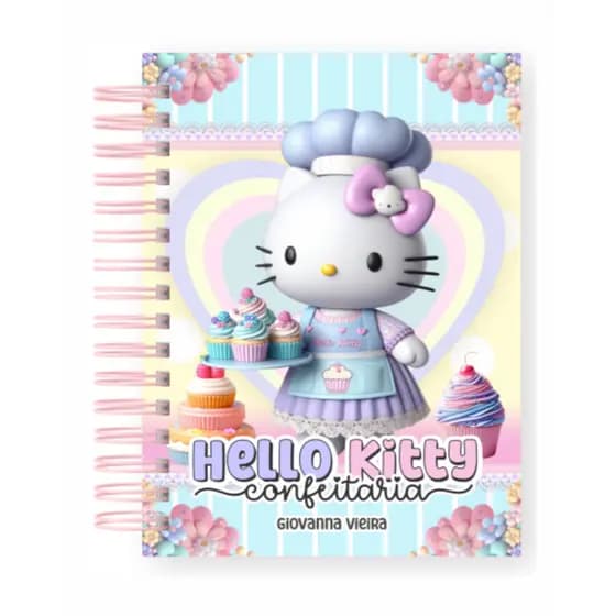 Caderno Universitário Hello Kitty Confeitaria Personalizado Nome Escolar Volta as Aulas Capa Dura