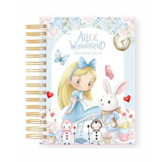Caderno Universitário Alice Personalizado Com Nome Escolar Volta as Aulas Espiral Capa Dura