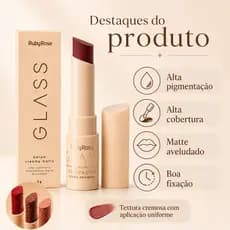 Batom Creamy Matte Ruby Rose Glass Nude Vermelho Marrom Alta Cobertura Efeito Aveludado