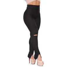 Calça Legging Bandagem Preta Skinny | Zíper na Perna | Rasgo no Joelho