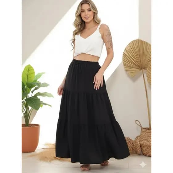 Saia Longa Feminina 3 Marias Elástico Tecido Duna Fluida Moda Praia Verão Elegante Confortável