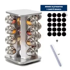 Porta Tempero e Condimentos Inox Com 16 Potes de Vidro Quadrado Base Giratória 360 graus Brinde