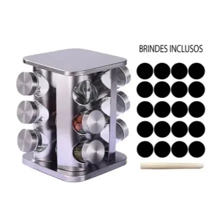 Porta Tempero Condimento Inox Quadrado 12 Potes + Suporte Giratório