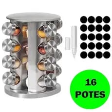 Porta Temperos Redondo Suporte Giratório 16 Potes De Vidro Inox Caneta Etiquetas Decoração