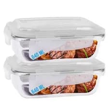 Pote Vidro Hermético Premium Mantimentos Marmita Retangular Fitness 640ml Tampa Com 4 Travas