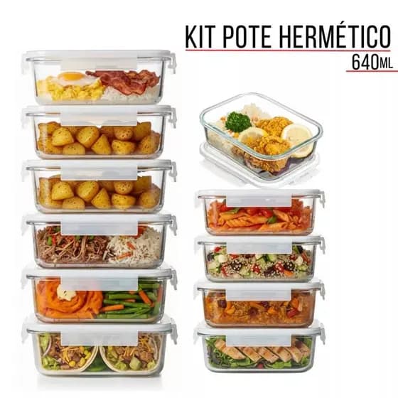 Kit 2 Potes de Vidro Hermético 640ml Premium Marmita Fit com Tampa 4 Travas Retangular Transparentes