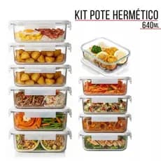 Kit 2 Potes de Vidro Hermético 640ml Premium Marmita Fit com Tampa 4 Travas Retangular Transparentes