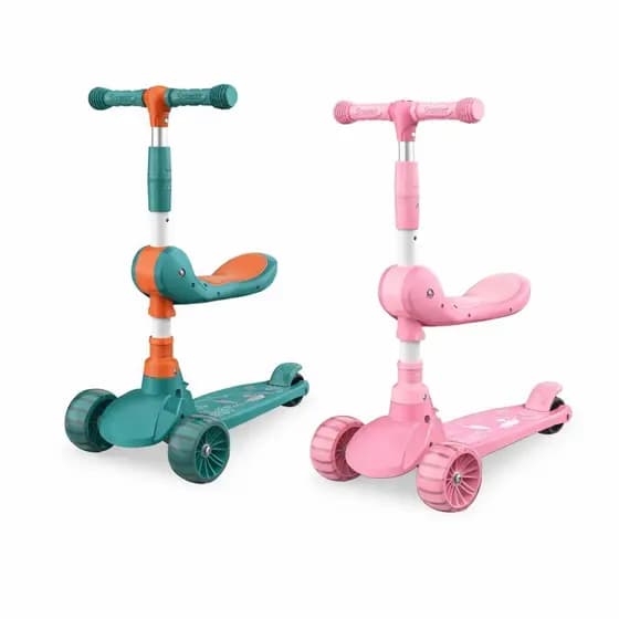 Patinete Infantil 2 em 1 Luzes LED Música Assento Regulável e Dobrável
