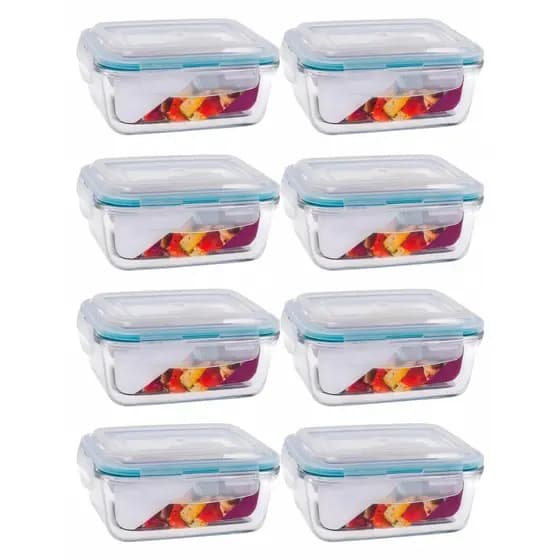 Kit 8 Potes Herméticos Premium de Vidro 640ml Marmita Fitness Tampa 4 Travas