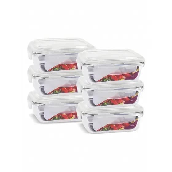 Kit Conjunto Potes Vidro Hermético Premium Mantimentos Marmita 640ml Fitness Retangular