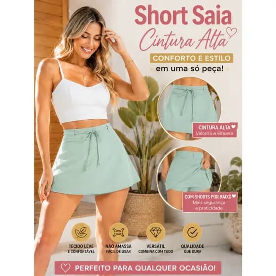 Short Saia Feminino Valéria Cintura Alta com Shorts Embutido Tecido Linho Casual, Confortável e Elegante