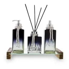 KIT Lavabo Luxo Azul Degradê Retangular Bandeja Madeira Home Spray Aromatizador de Varetas e Porta Sabonete Líquido