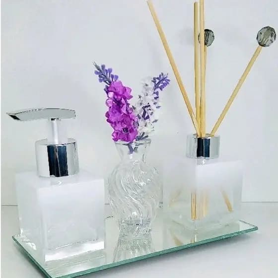 Kit Lavabo Banheiro 100ml Vaso + Bandeja Difusor e Porta Sabonete Líquido Branco Degradê 100ml