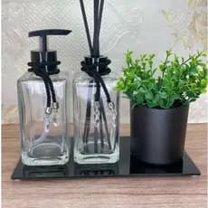 KIT LAVABO FRASCOS SQUARE - TRANSPARENTE Aromatizador de Ambiente Vaso + Pingentes BANDEJA ETC