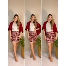 Conjunto Saia e Kimono Rendado Feminino Animal Print Elegante
