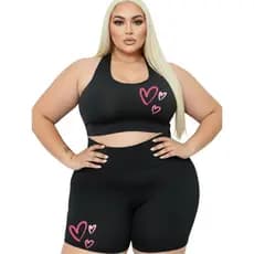 Conjunto Short Meia Coxa + Top Plus Size Estampa Linda Suplex Academia Poliéster GG ao G4