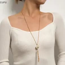 cu Simples Atado sel Longo Colar Camisola Corrente Popular Pérola Pingente Feminino br
