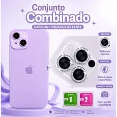 Capinha iPhone aveludada + Lente Película de Câmera Diamante Kit Completo iPhone 11 12 13 14 15 16 17 Pro/Pro Max