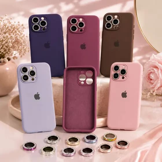 Kit Capinha Silicone Premium + Protetor de Lente   Strass para iPhone Luxo Câmera Feminina Masculina