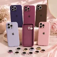 Kit Capinha Silicone Premium + Protetor de Lente   Strass para iPhone Luxo Câmera Feminina Masculina
