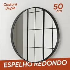 Espelho Redondo 50cm Couro Dupla Costura e Suporte em Alumínio Quarto, Banheiro, Sala