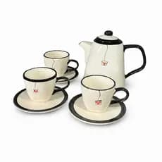 Kit Chaleira Café 3 Xícaras 200ml com Pires Cerâmica Coração Preto Elegante