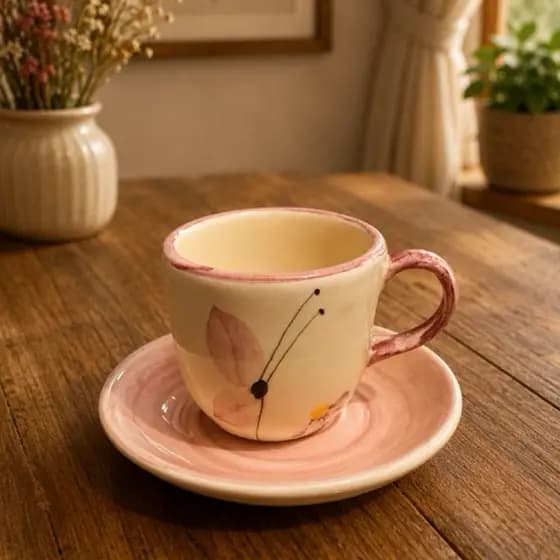 Xícara Artesanal Borboleta 50ml com Pires Rosa | Café Chá Espresso