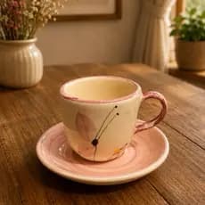 Xícara Artesanal Borboleta 50ml com Pires Rosa | Café Chá Espresso