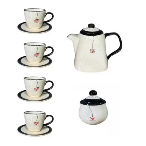 Kit 10 Peças Jogo de Chá ou Café Bule Chaleira de 1,2L  -  4 Xícaras de 200ml - 1 Açucareiro Cerâmica Mesa Posta