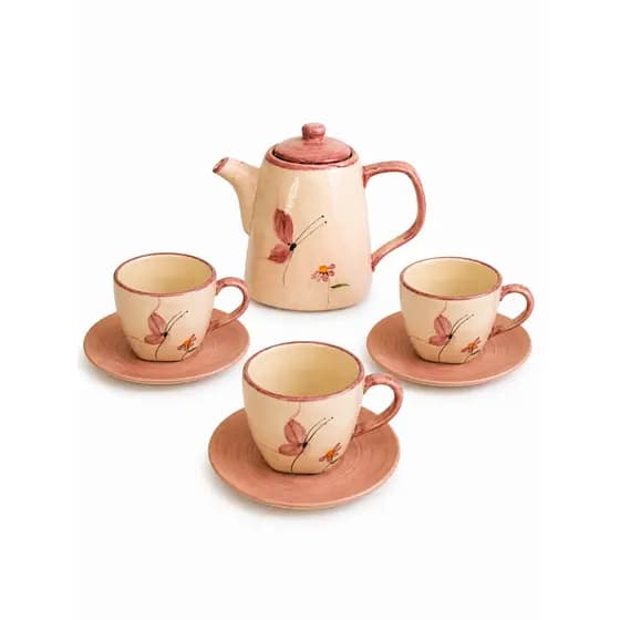 Kit 3 Xícaras de chá 200ml + Chaleira Borboleta 1L - Cerâmica