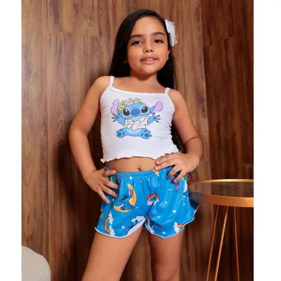 Pijama Infantil Baby Doll Feminino Estampado Personagens Short + Blusinha Alça Fina Confortável