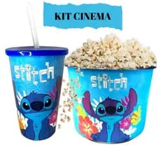 Copo Stitch Com Canudo 550ML + Balde De Pipoca Pipoqueira Stitch 1,5 Litros Kit Cinema Divertido