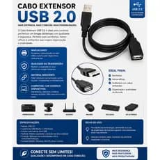 Cabo Extensor USB 2.0 Macho x Fêmea – Alta Velocidade para Impressora, Mouse, Teclado e Muito Mais