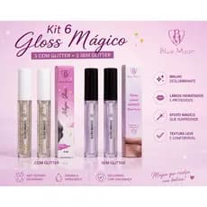 Kit 6 Gloss Mágico Blue Moon 4ml | Muda de Cor | 3 Com Glitter + 3 Sem Glitter | Hidratante
